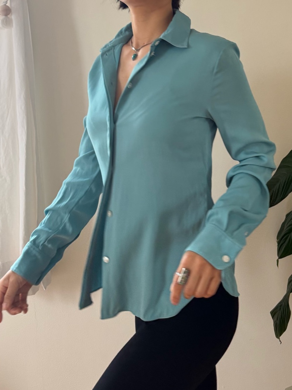Theory Silk Elastane Blend Classic Fitted Shirt Light Blue Y2K Retro Size P (XS)